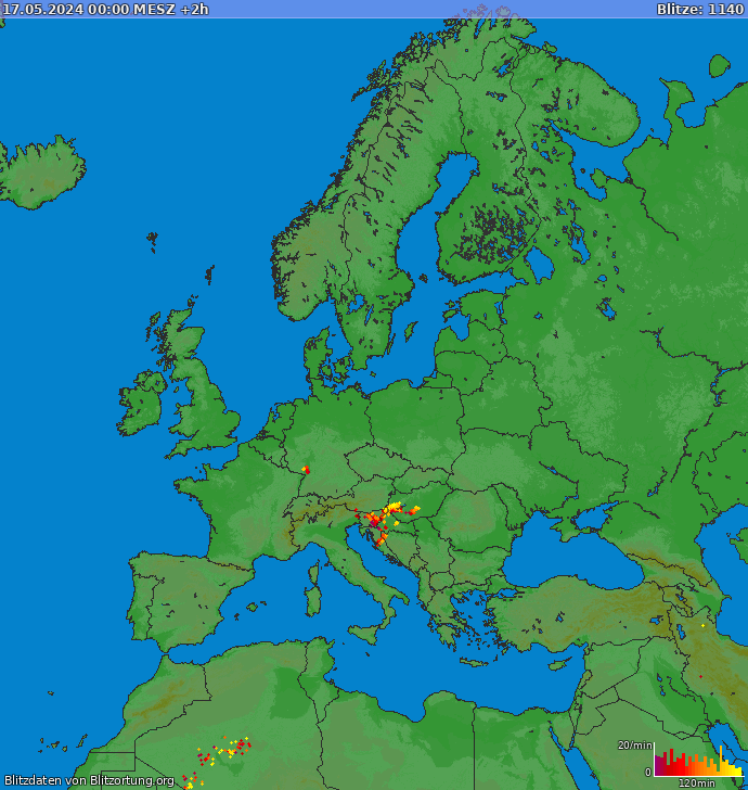 Mapa blesků Evropa 17.05.2024 (Animace)