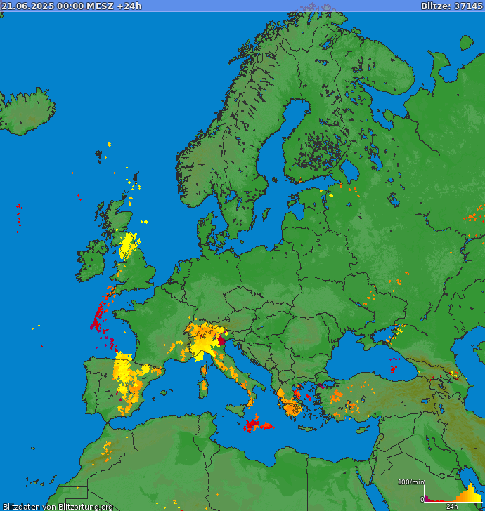 Mapa blesků Evropa 22.06.2025