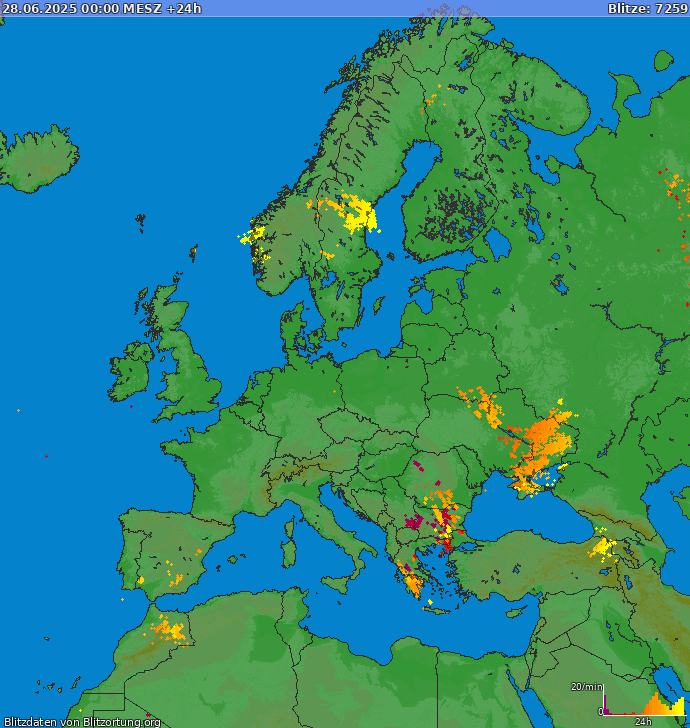 Mapa bleskov Európa 29.06.2025