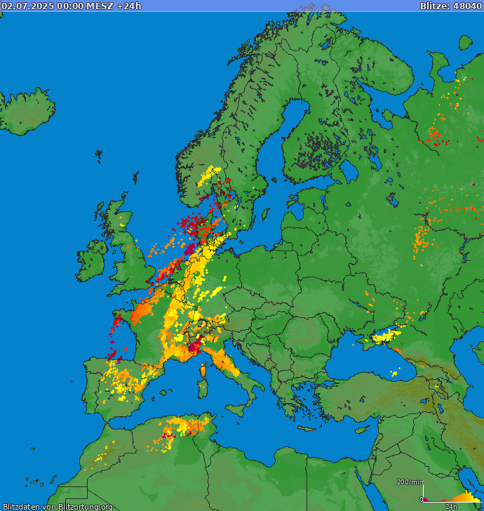 Lightning map Europe 2025-07-03