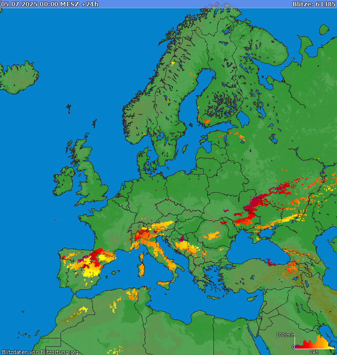 Mappa dei fulmini Europa 06.07.2025