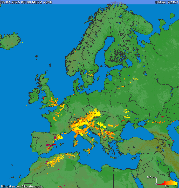 Mappa dei fulmini Europa 07.07.2025