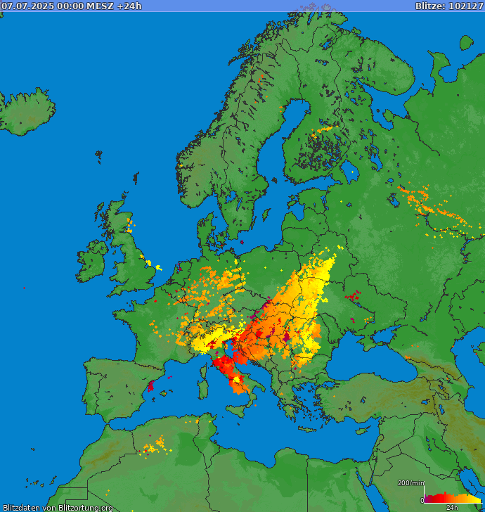 Zibens karte Europa 2025.07.08