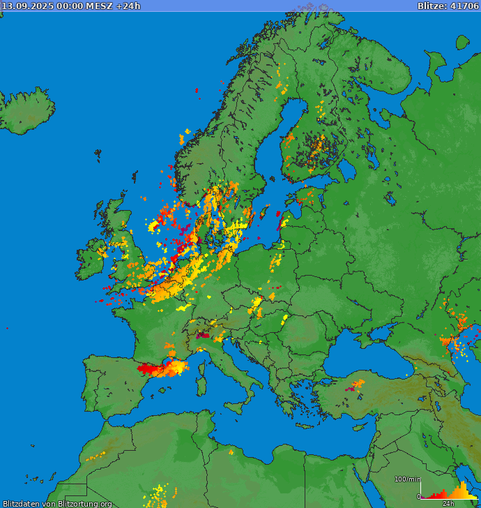 Lightning map Europe 2025-09-14